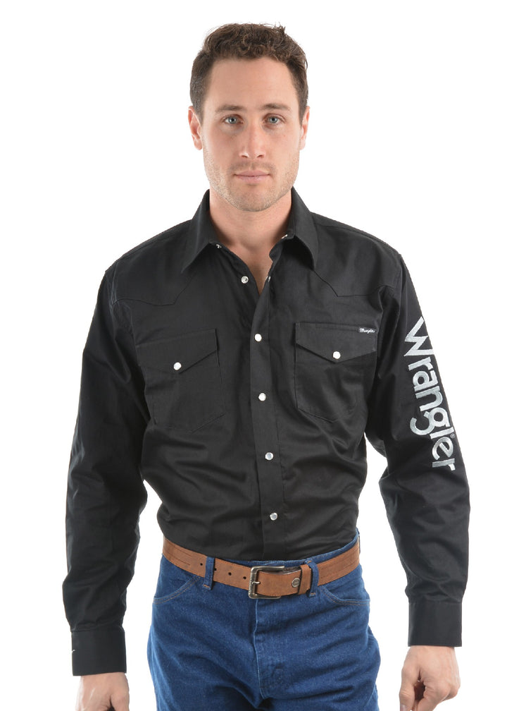 Shirt Wrangler Drill Logo Rodeo Long Sleeve Black Mens [:medium]