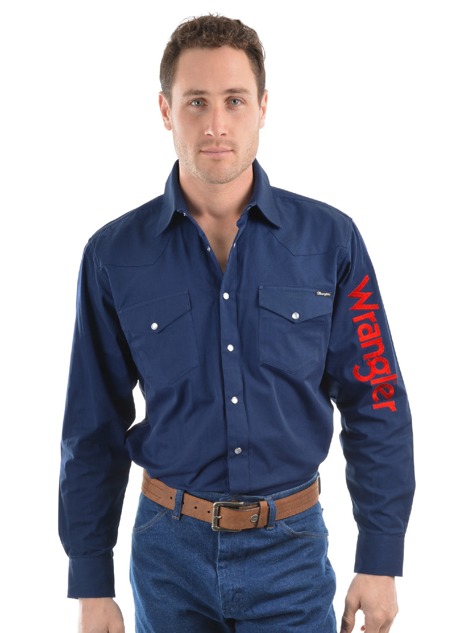 Shirt Wrangler Drill Logo Rodeo Long Sleeve Navy Mens [:medium]
