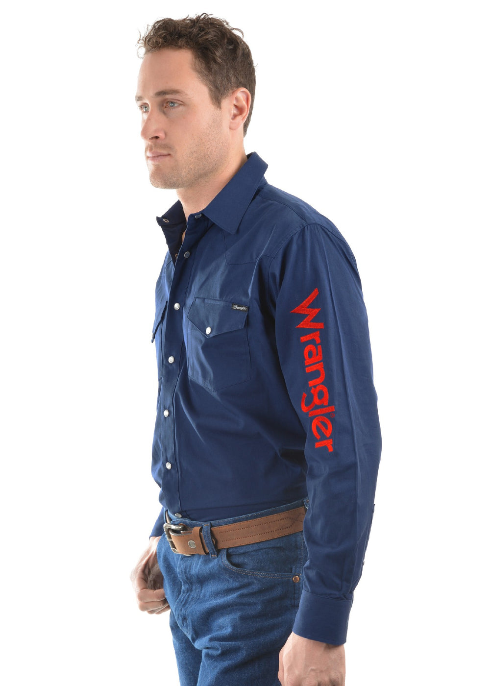 Shirt Wrangler Drill Logo Rodeo Long Sleeve Navy Mens [:medium]