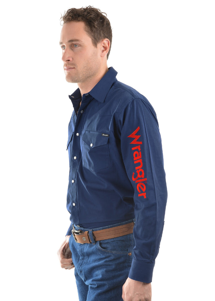 Shirt Wrangler Drill Logo Rodeo Long Sleeve Navy Mens [:medium]