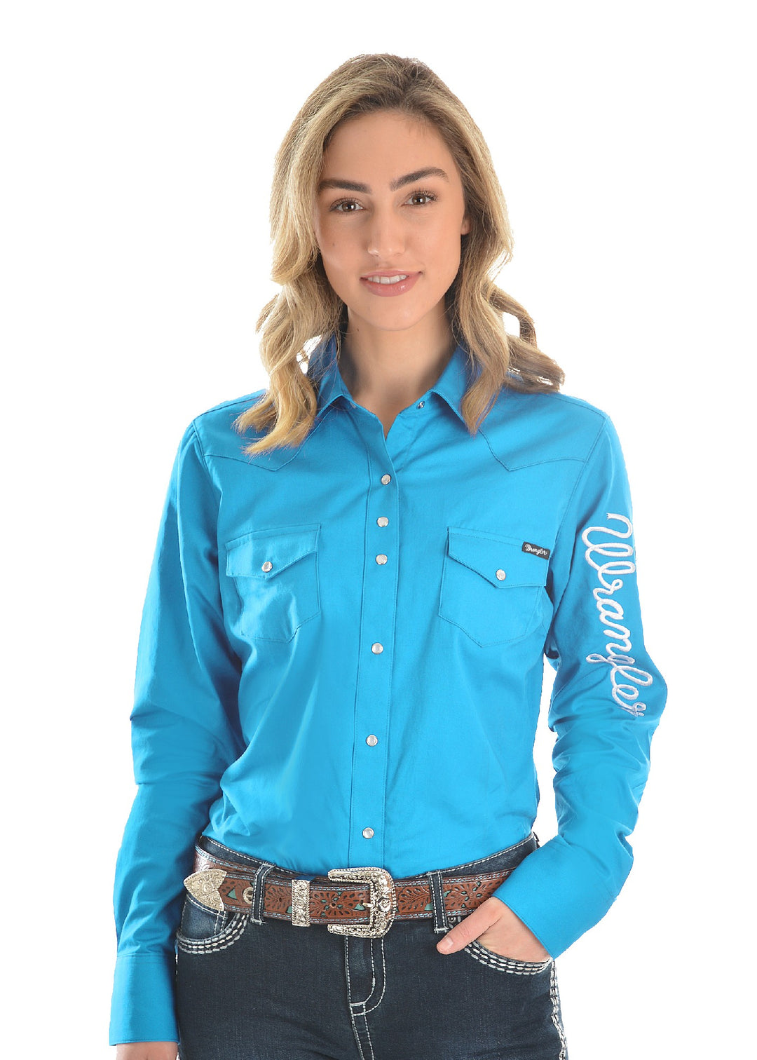 Shirt Wrangler Drill Logo Long Sleeve Aqua Ladies [:10]