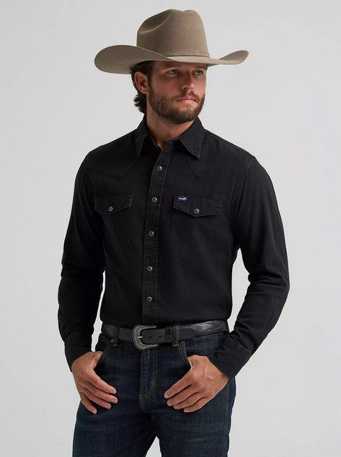 Shirt Wrangler Denim Classic Fit Black Denim Mens [:medium]