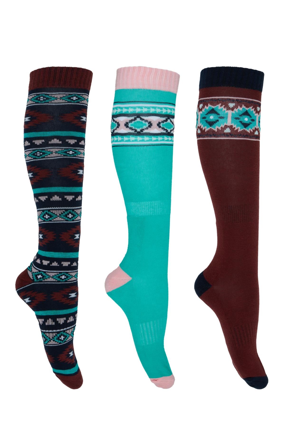 Socks Pure Western Riding Pack Of Three Turquoise & Rust 8-11