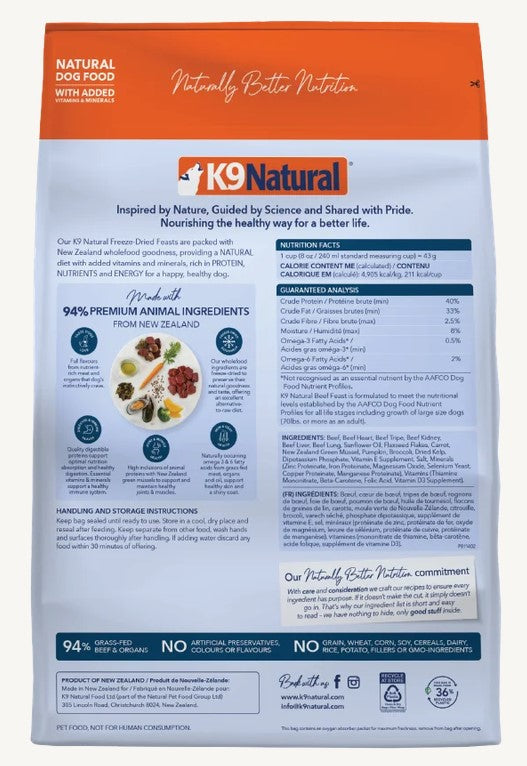K9 Natural Dog Food Grainfree Freeze Dried New Zealand Beef Feast 100gm