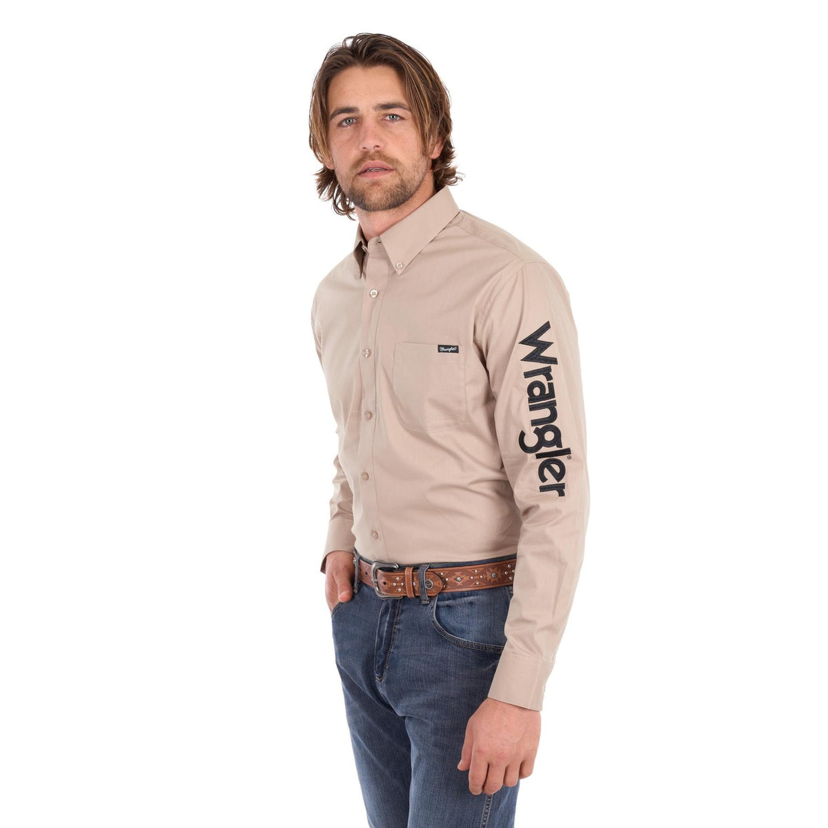 Shirt Wrangler Flexi Logo Long Sleeve Sand Mens [:medium]