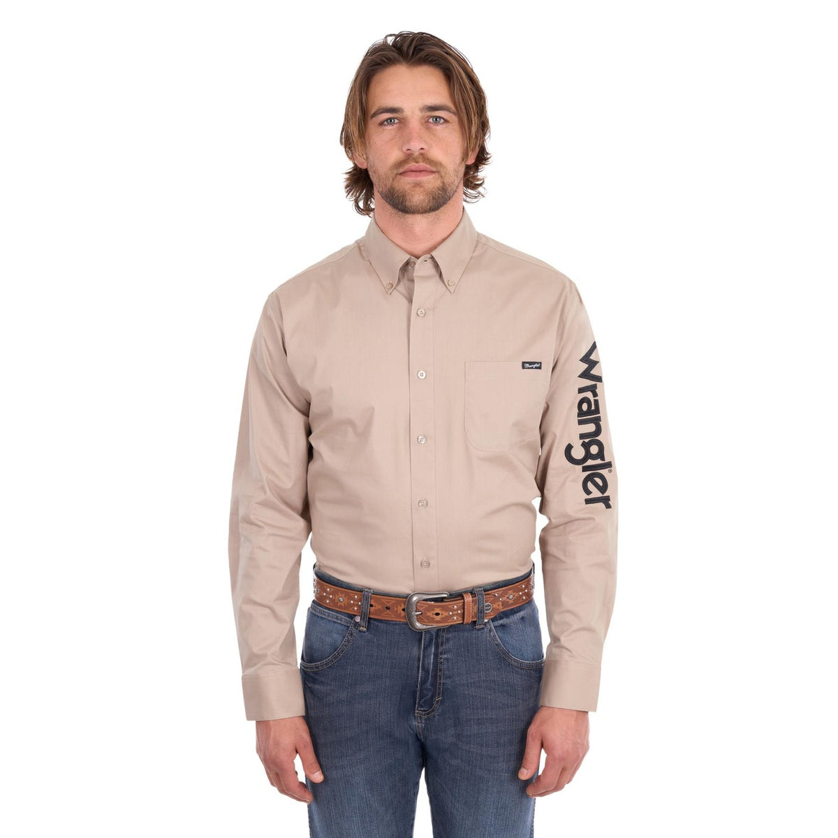 Shirt Wrangler Flexi Logo Long Sleeve Sand Mens [:medium]