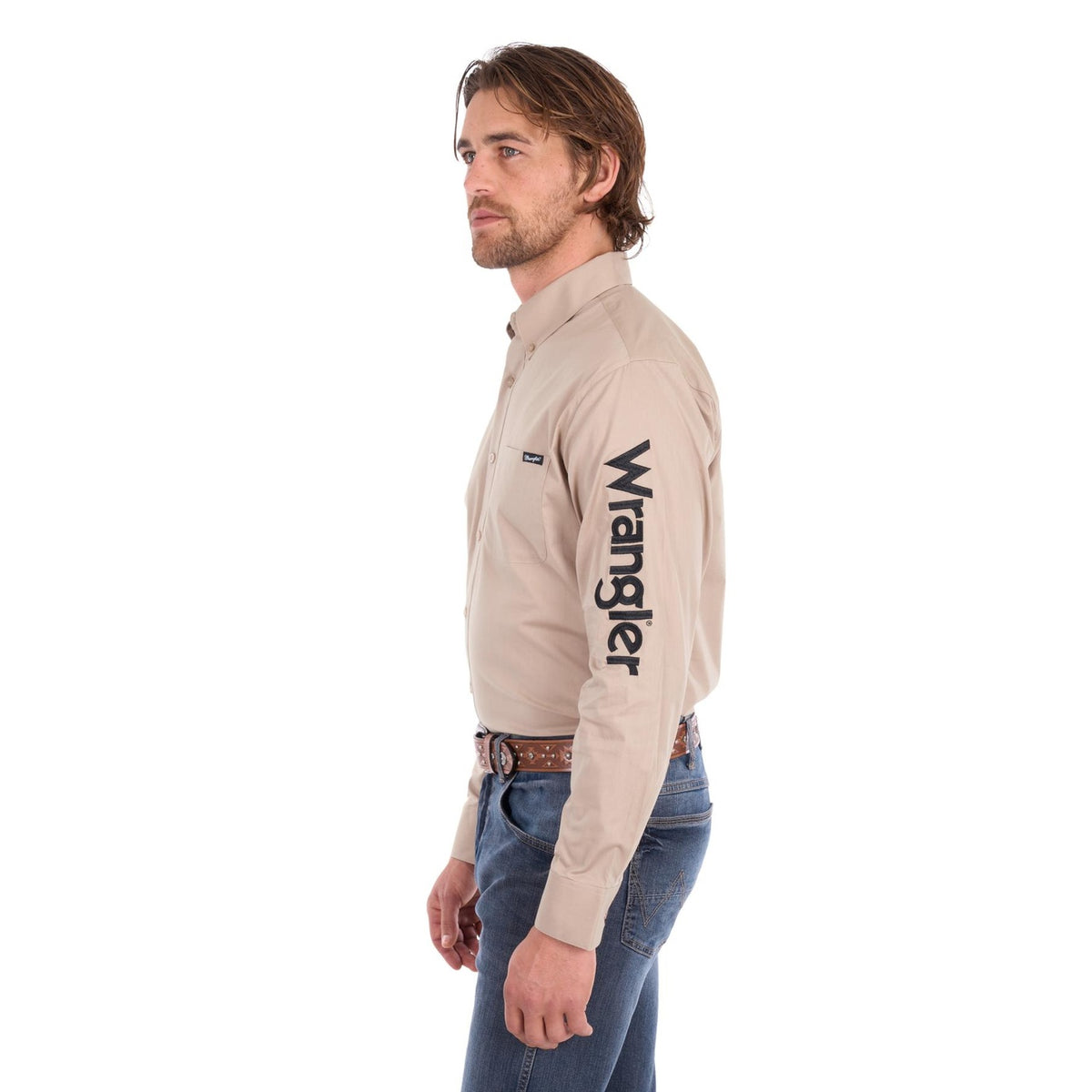 Shirt Wrangler Flexi Logo Long Sleeve Sand Mens [:medium]