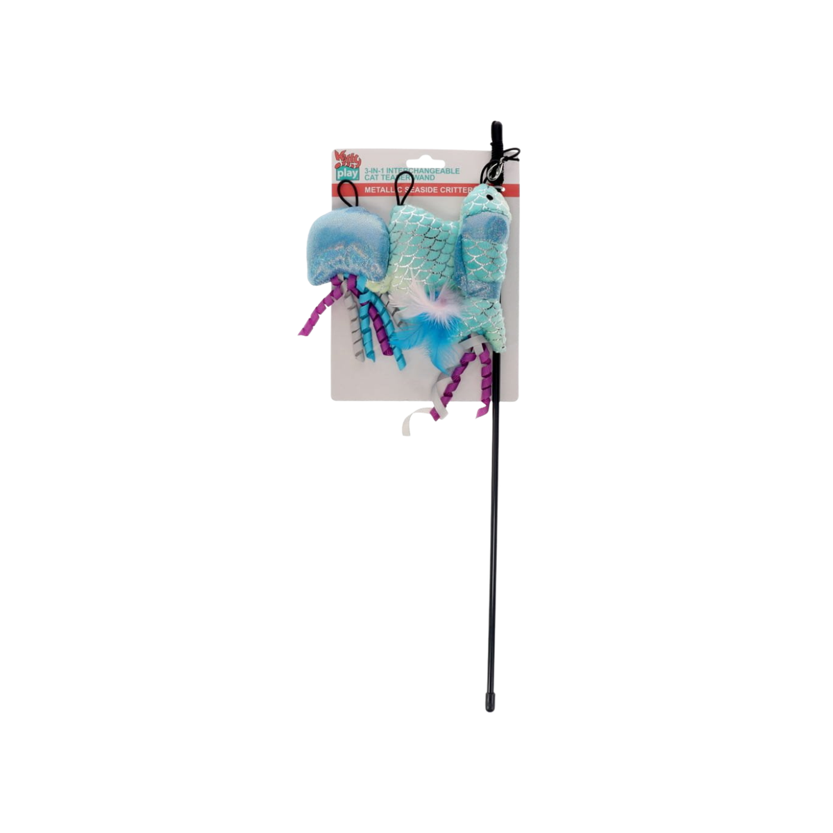 Cat Toy Wand Interchangeable 3 In 1 Teaser Metallic Sparkle Seaside Critters