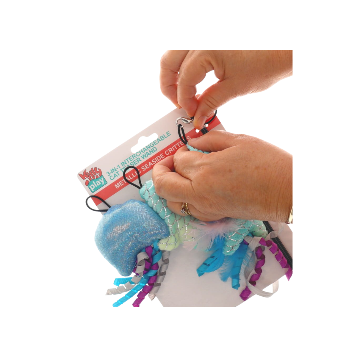 Cat Toy Wand Interchangeable 3 In 1 Teaser Metallic Sparkle Seaside Critters