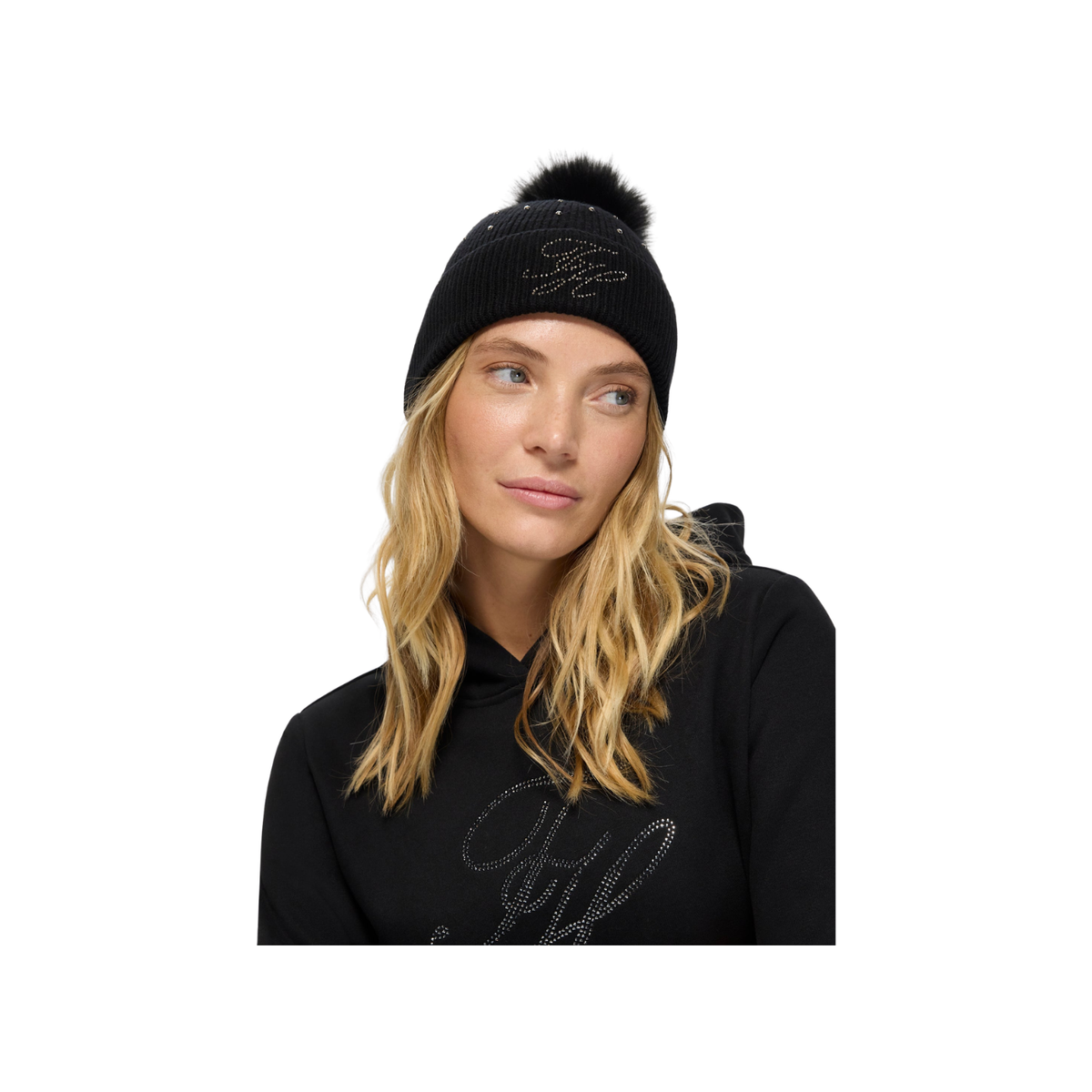 Beanie Tommy Hilfiger Daly Rhinestone Pom Pom Black