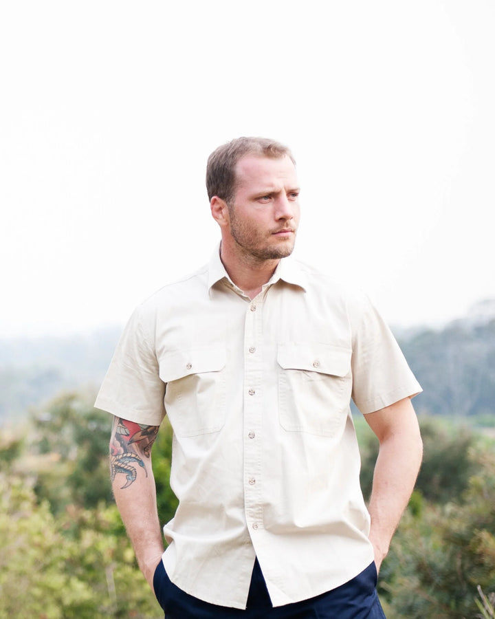 Shirt Pilbara Open Front Short Sleeve Stone Mens