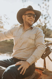 Shirt Pilbara Closed Front Long Sleeve Stone Mens