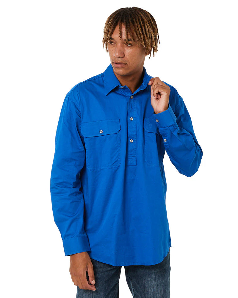 Shirt Pilbara Closed Front Long Sleeve Cobalt Blue Mens