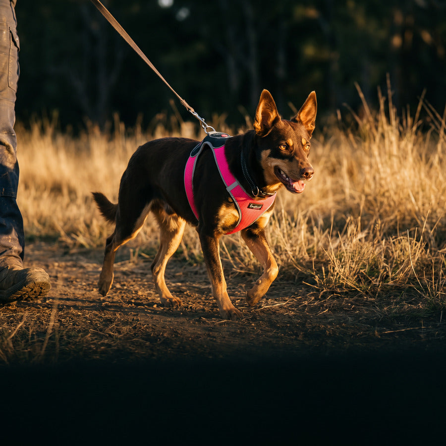 Kelpie walking on a lead through dry grass