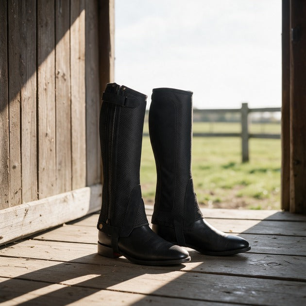 Black half chaps with a side zip worn over black jodhpur boots in a stable doorway