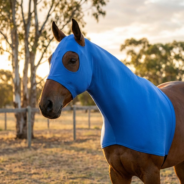 Blue lycra hood and shoulder guard fitted on a bay horse in an Australian paddock