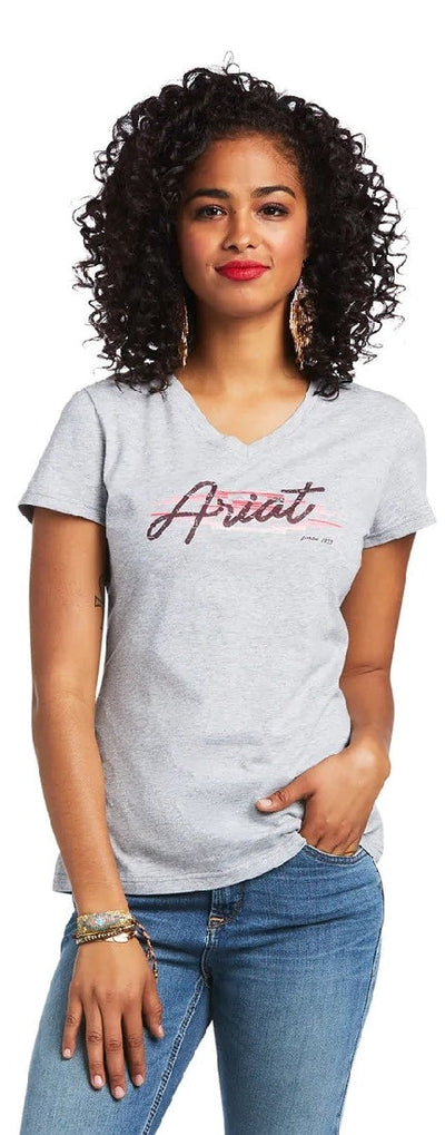 Ariat Tee Real Logo Script Classic Fit Heather Grey Sp22 Ladies-CLOTHING: Clothing Ladies-Ascot Saddlery