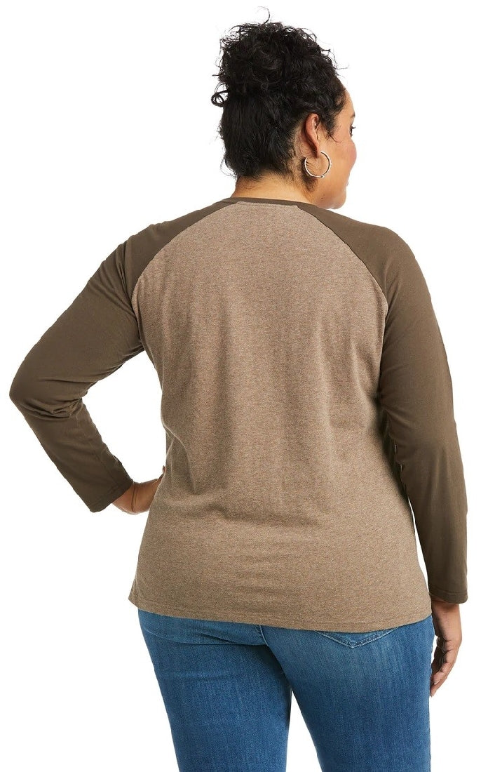 Ariat Tee Shirt Real Loop Baseball Long Sleeve W22 Heather Banyan Bark & Banyan Bark-CLOTHING: Clothing Ladies-Ascot Saddlery