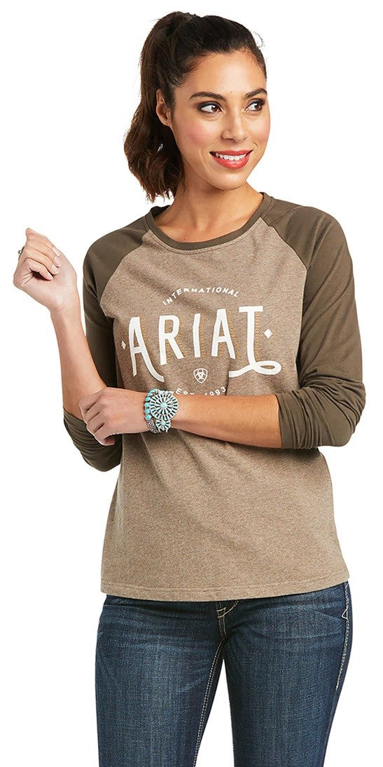 Ariat Tee Shirt Real Loop Baseball Long Sleeve W22 Heather Banyan Bark & Banyan Bark-CLOTHING: Clothing Ladies-Ascot Saddlery