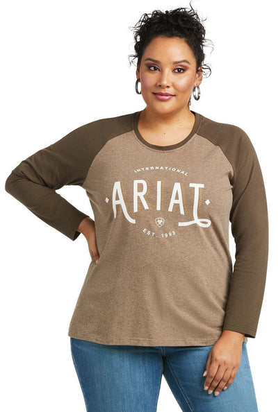 Ariat Tee Shirt Real Loop Baseball Long Sleeve W22 Heather Banyan Bark & Banyan Bark-CLOTHING: Clothing Ladies-Ascot Saddlery