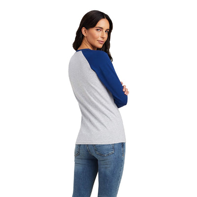 Ariat Tee Shirt Varsity Long Sleeve Blue/grey A23 Ladies-CLOTHING: Clothing Ladies-Ascot Saddlery