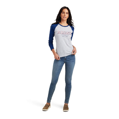 Ariat Tee Shirt Varsity Long Sleeve Blue/grey A23 Ladies-CLOTHING: Clothing Ladies-Ascot Saddlery