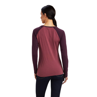 Ariat Tee Shirt Varsity Long Sleeve Mulberry/pink A23 Ladies-CLOTHING: Clothing Ladies-Ascot Saddlery