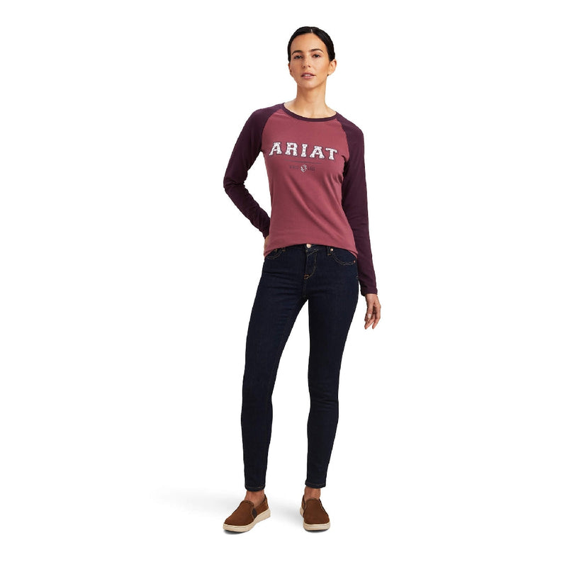 Ariat Tee Shirt Varsity Long Sleeve Mulberry/pink A23 Ladies-CLOTHING: Clothing Ladies-Ascot Saddlery