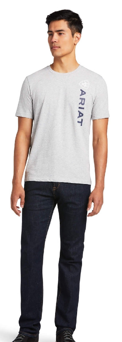 Ariat Tee Shirt Vertical Logo Heather Grey Sp22 Mens-CLOTHING: Clothing Mens-Ascot Saddlery