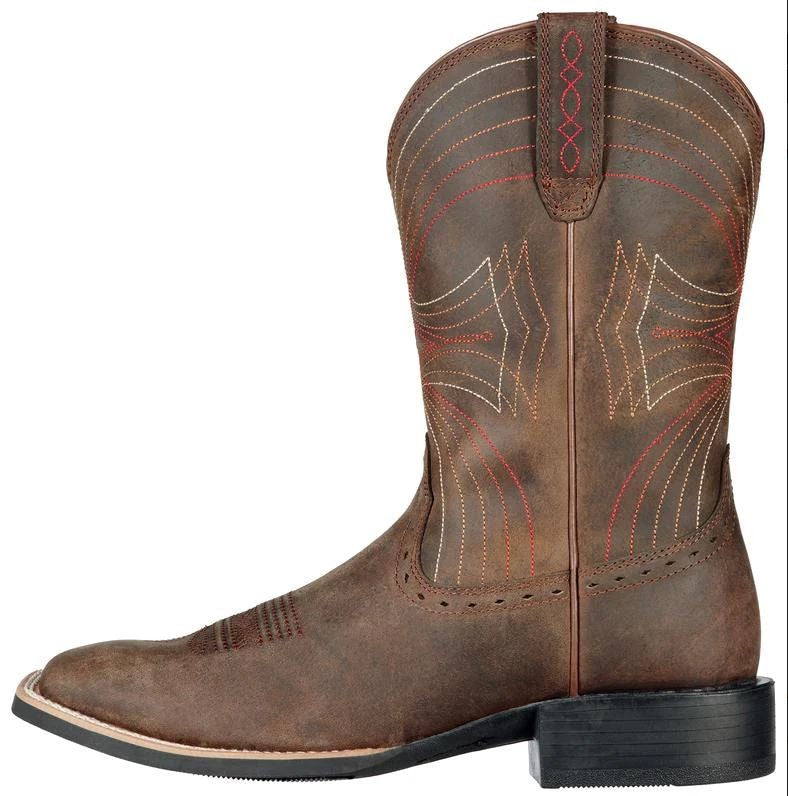 Ariat Western Boots Sport Wide Square Toe Distressed Brown Mens-FOOTWEAR: Western & Roper Boots-Ascot Saddlery