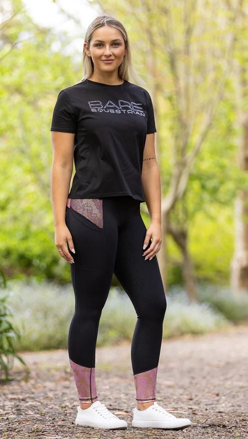 Bare Equestrian Performance Riding Tights Black Lilac Rose-CLOTHING: Jodhpurs & Breeches Ladies-Ascot Saddlery