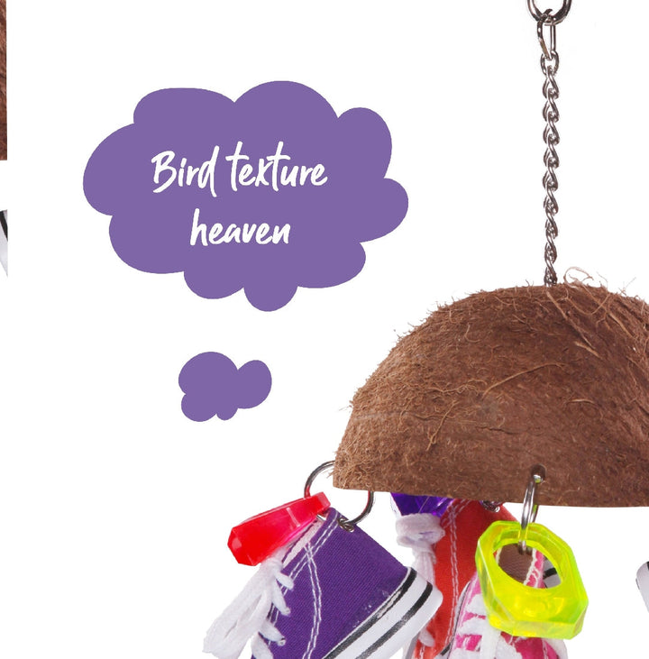 Bird Toy Split Coconut Shell With Sneakers Medium-Bird Toys-Ascot Saddlery