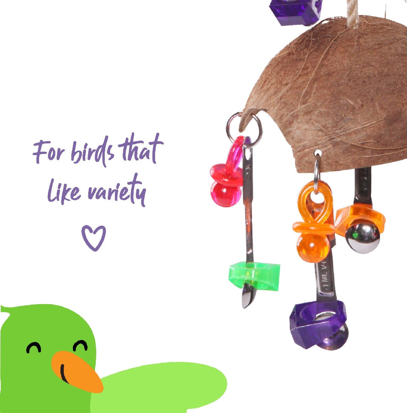 Bird Toy Split Coconut With Toys & Spoons Large-Bird Toys-Ascot Saddlery
