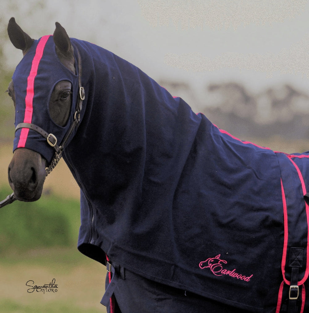 Earlwood Cotton Hood With Zip Navy & Pink-RUGS: Summer Rugs, Neck Rugs & Hoods-Ascot Saddlery