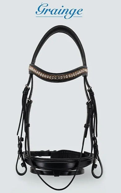 Grainge Bridle Dressage Snaffle Crystal Brow Leather Black Full-HORSE: Bridles-Ascot Saddlery