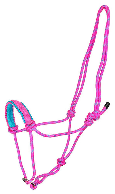 Halter Knotted Rope With Ring Pink & Light Blue Full-HORSE: Headstalls-Ascot Saddlery