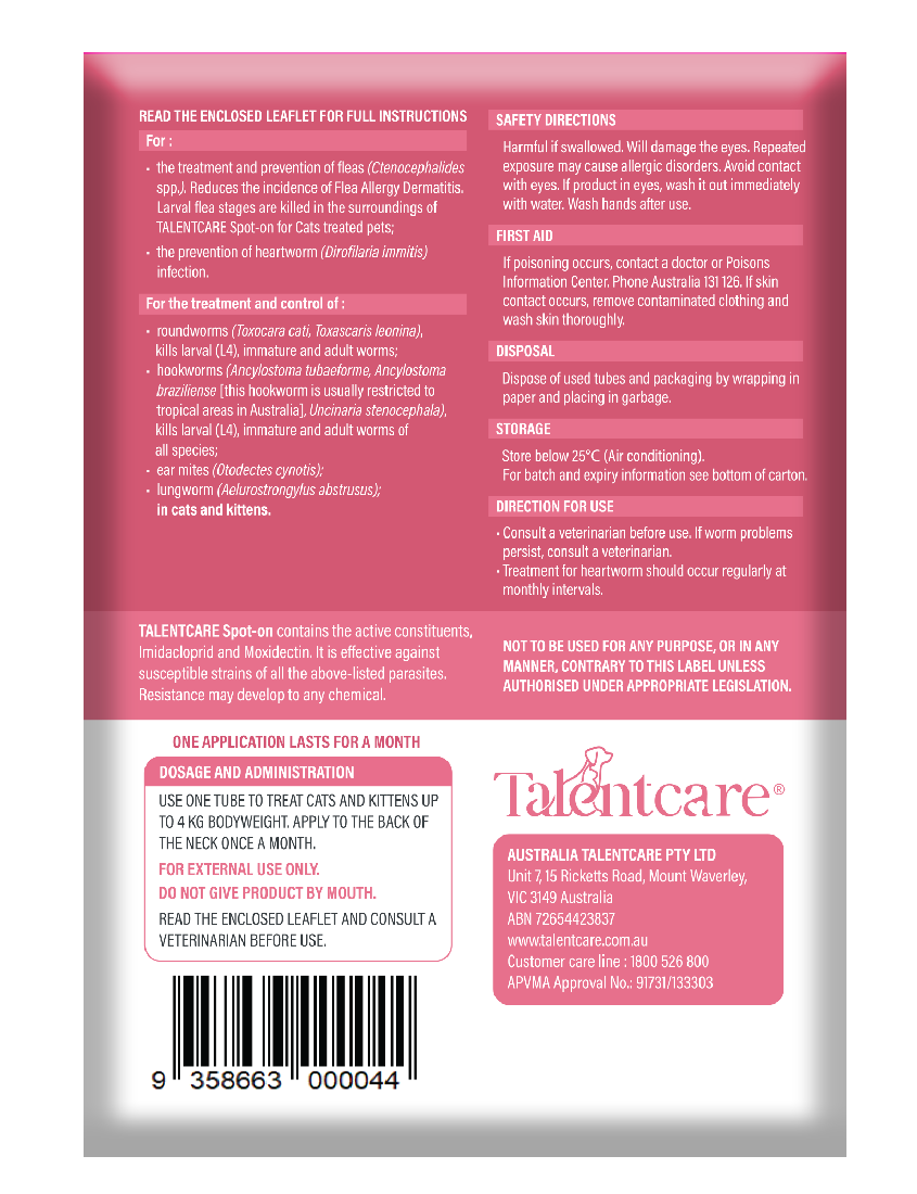 Talentcare Spot On Cat & Kitten Under 4kg 6 Pack-Cat Potions & Lotions-Ascot Saddlery