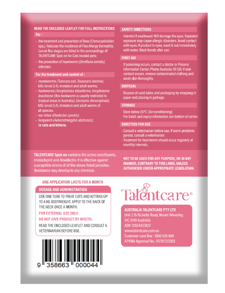 Talentcare Spot On Cat & Kitten Under 4kg 6 Pack-Cat Potions & Lotions-Ascot Saddlery