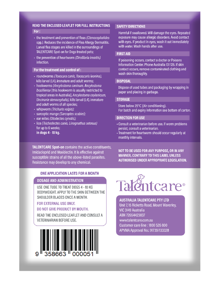 Talentcare Spot On Dog 4kg-10kg 6 Pack-Dog Wormer & Flea-Ascot Saddlery