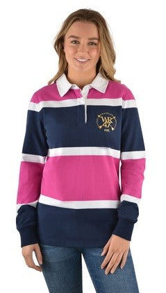 Wrangler Rugby Top Marika Stripe Long Sleeve Navy & Berry Ladies-CLOTHING: Clothing Ladies-Ascot Saddlery