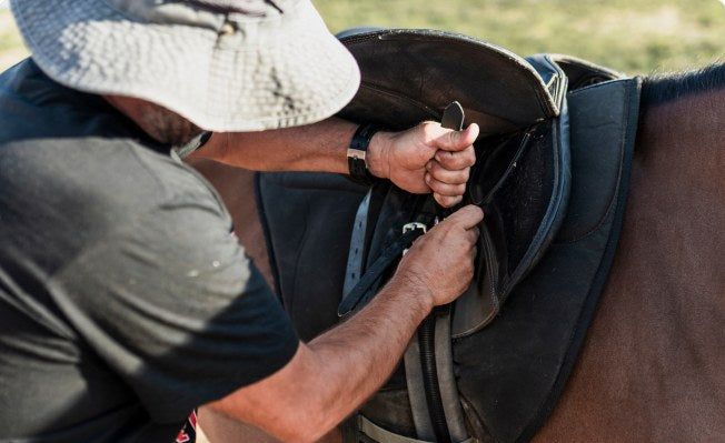 A saddle fitter adjusting a saddle on a horse