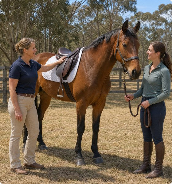 A saddle fitter assessing a saddle on a horse with its owner